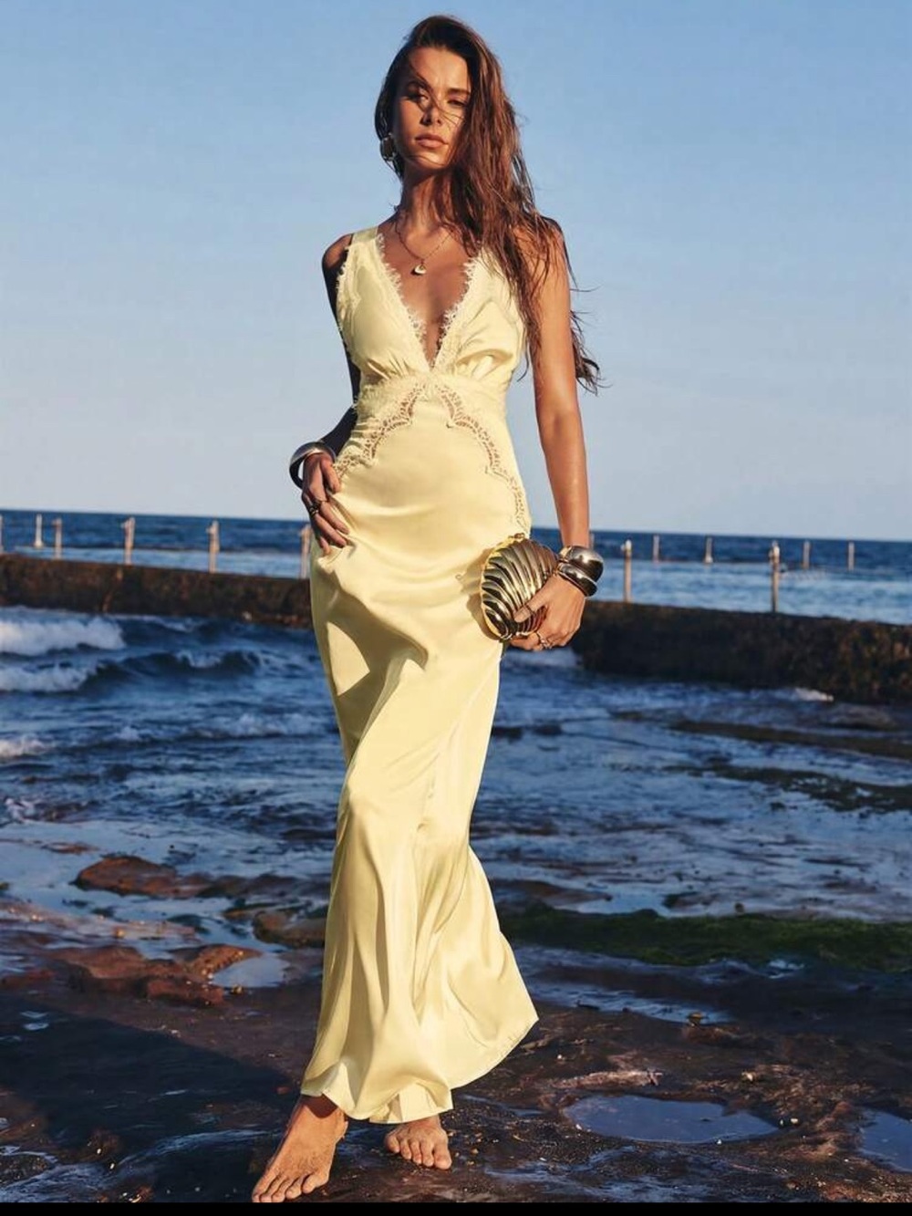 Pale Yellow Lace-Trim Maxi Slip Dress
